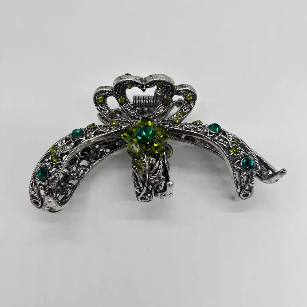 Vintage Claw Clip Silver Tone Floral Green Rhinestones Hair Costume Jewelry